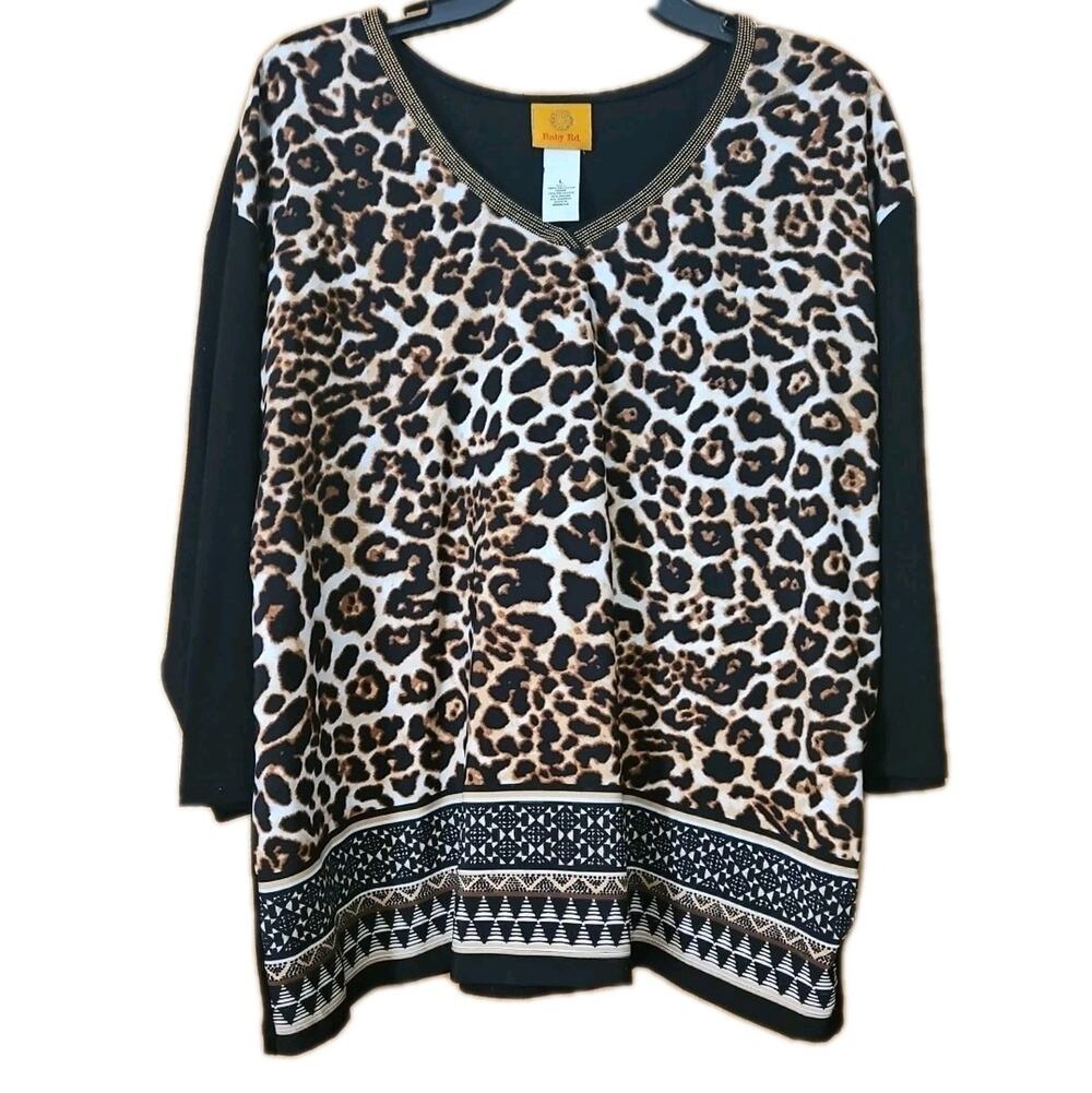 Ruby Rd Blouse Top Tunic Womens Sz L Black Leopard Print Beaded VNeck 3/4Sleeve